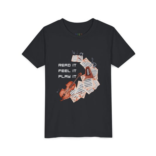 Black t-shirt with swirling music sheets, metronome, violin and text 'Read It. Feel It. Play It.'