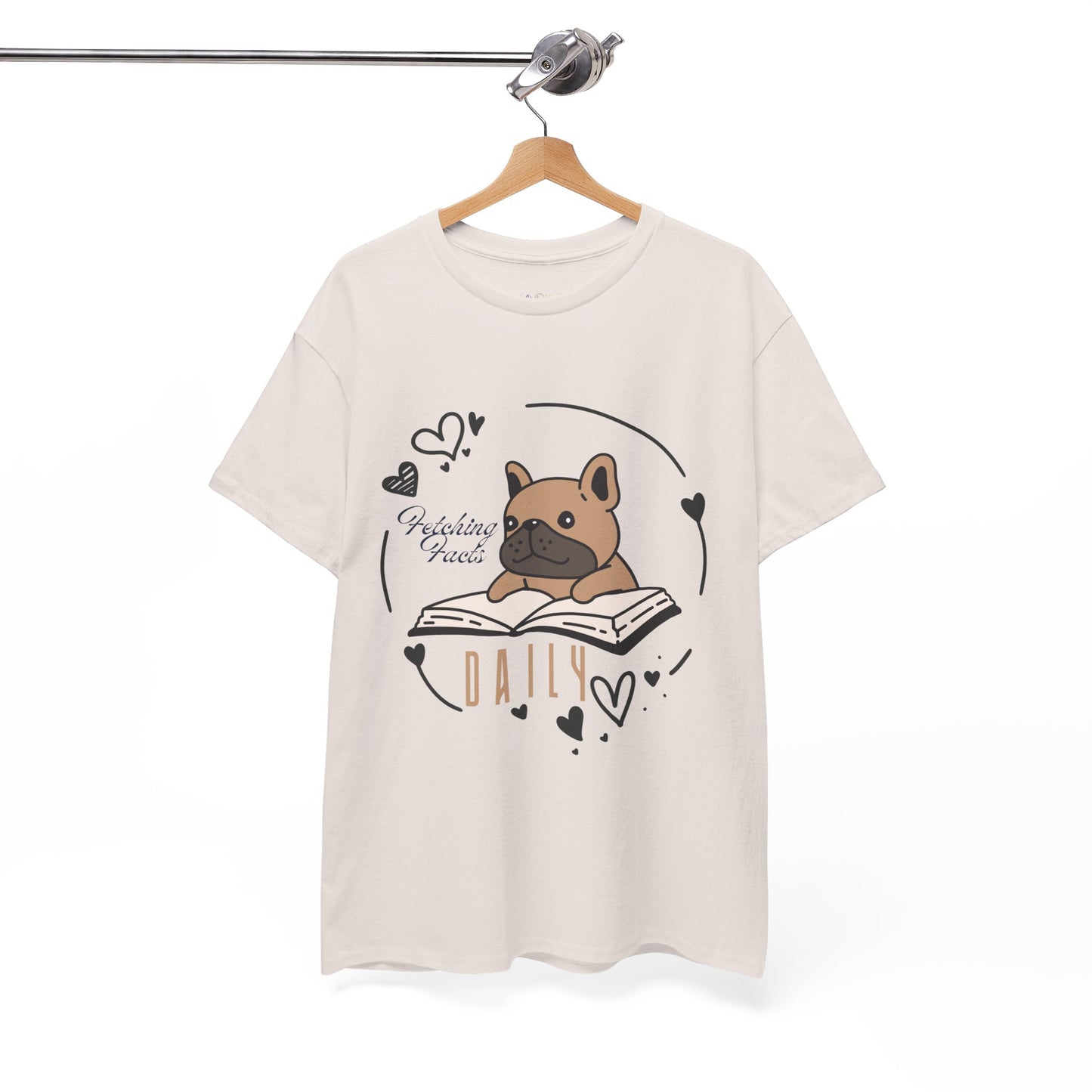 Ice gray t-shirt with a dog graphic reading a book and text 'Fetching Facts Daily, circled with hearts 