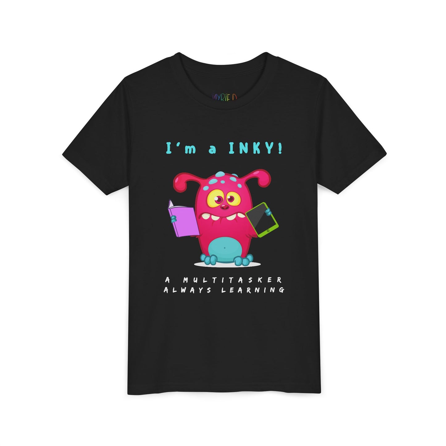 Black t-shirt with a colorful cartoon monster holding a book and an ipad, with text 'I'm a INKY!'