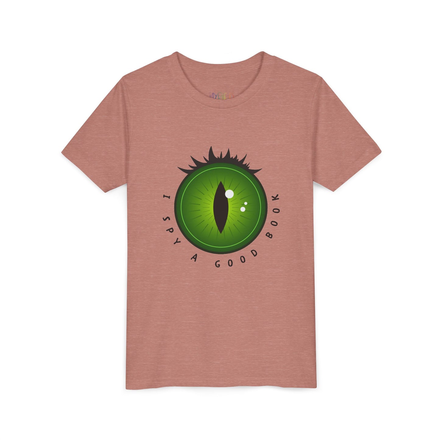Mauve t-shirt with a green monster eye graphic and text 'I SPY A GOOD BOOK'