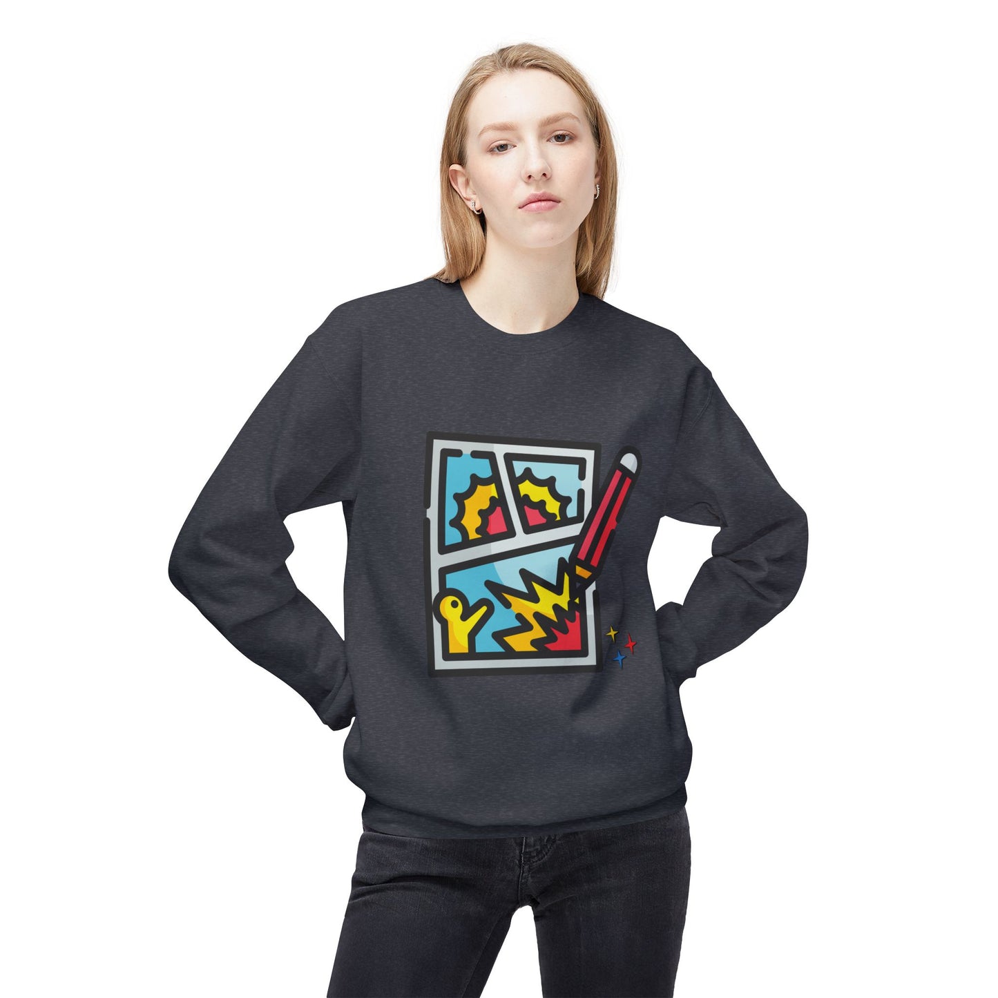 Woman wearing a gray sweatshirt with colorful comic graphic 