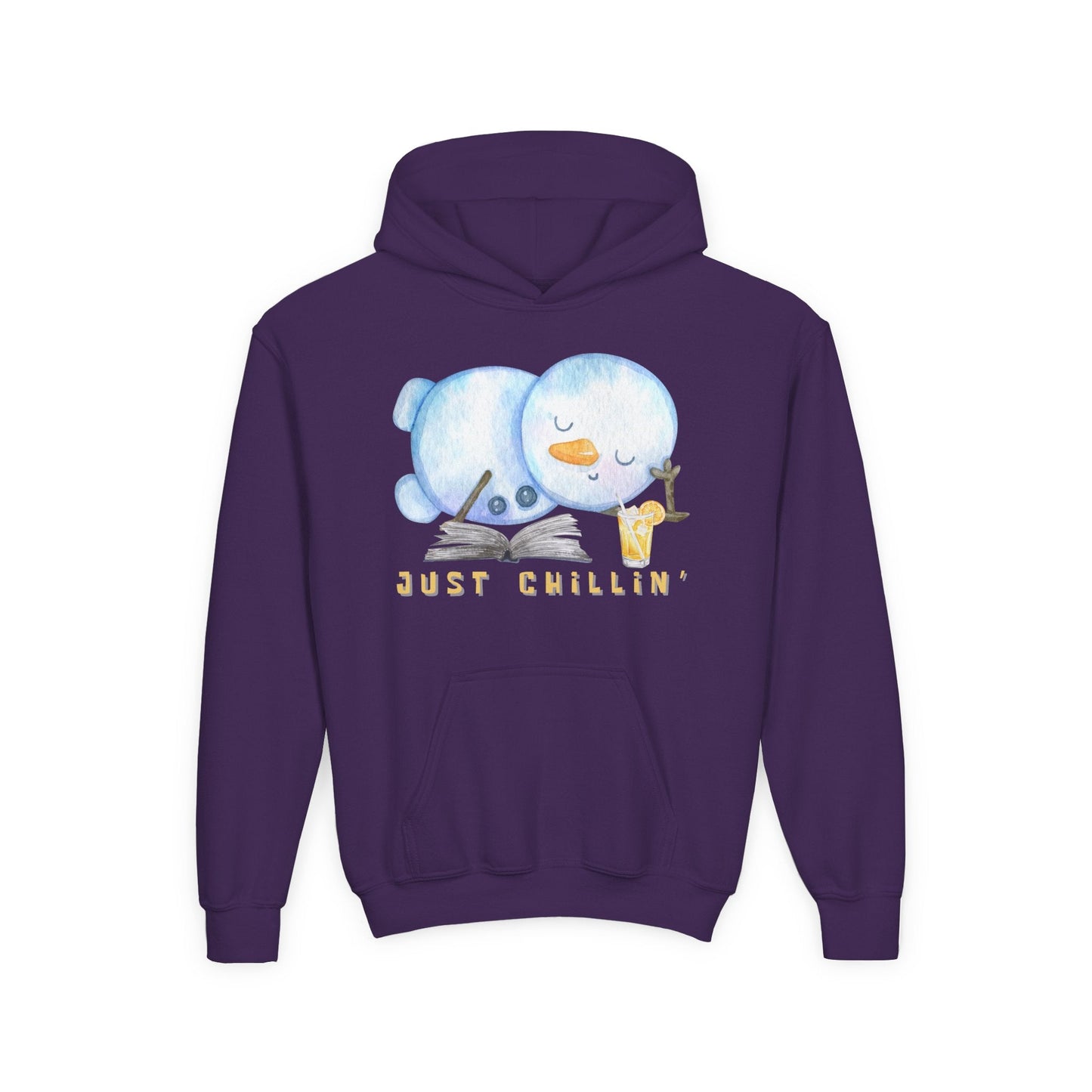 Youth Just Chillinâ€™ Hoodie â€“ Cozy Snowman Reading Design Printify
