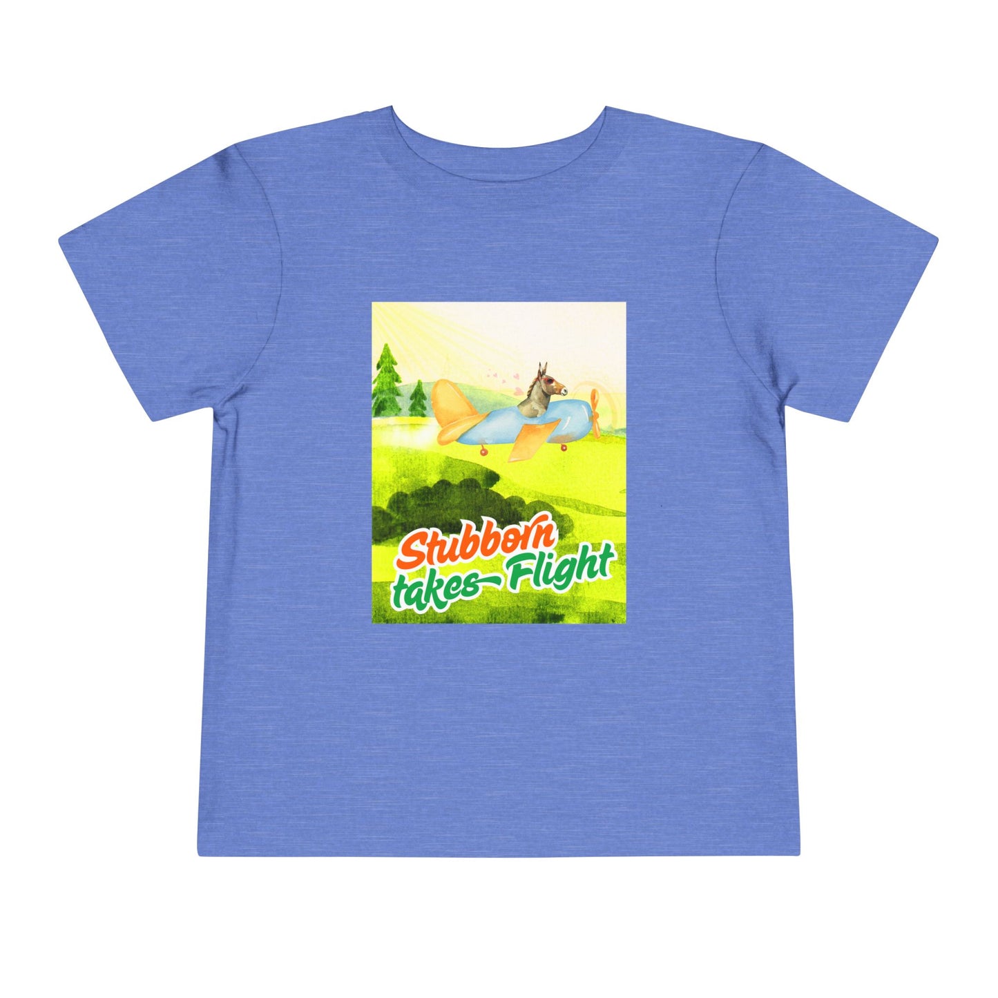 Blue toddler t-shirt with a colorful graphic of a a donkey flying an airplane, with text 'Stubborn takes Flight' 