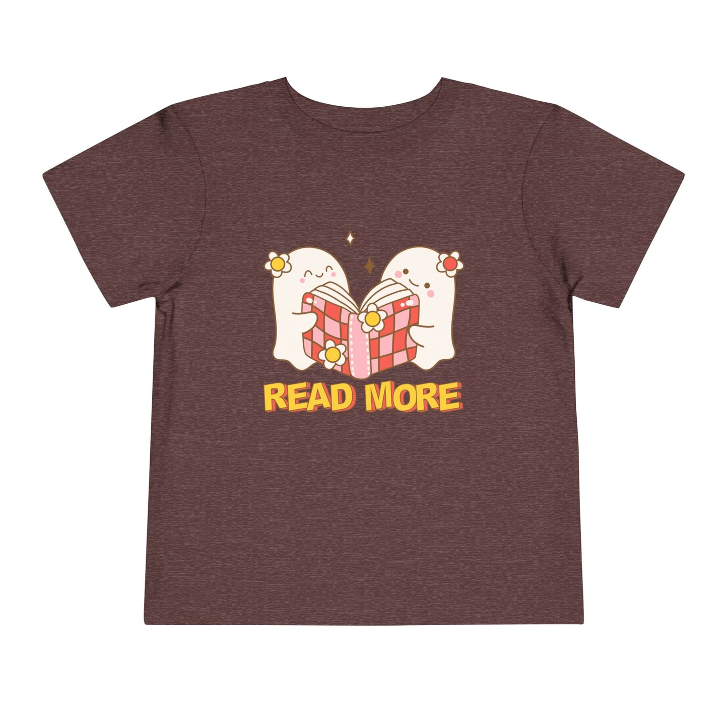 Maroon t-shirt with cartoon ghosts reading a shared book and 'Read More' text 