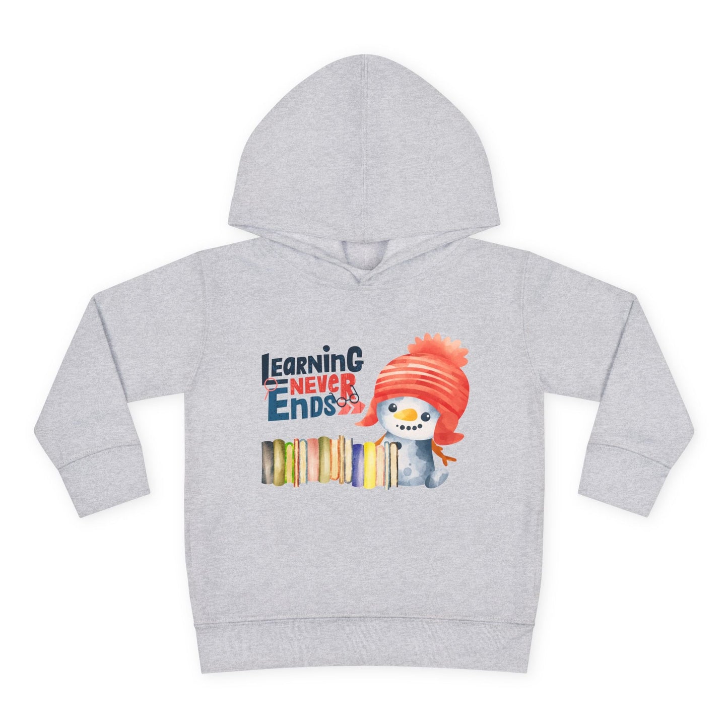 Gray toddler hoodie with a showman, a line of books and text 'Learning Never Ends' on a white background