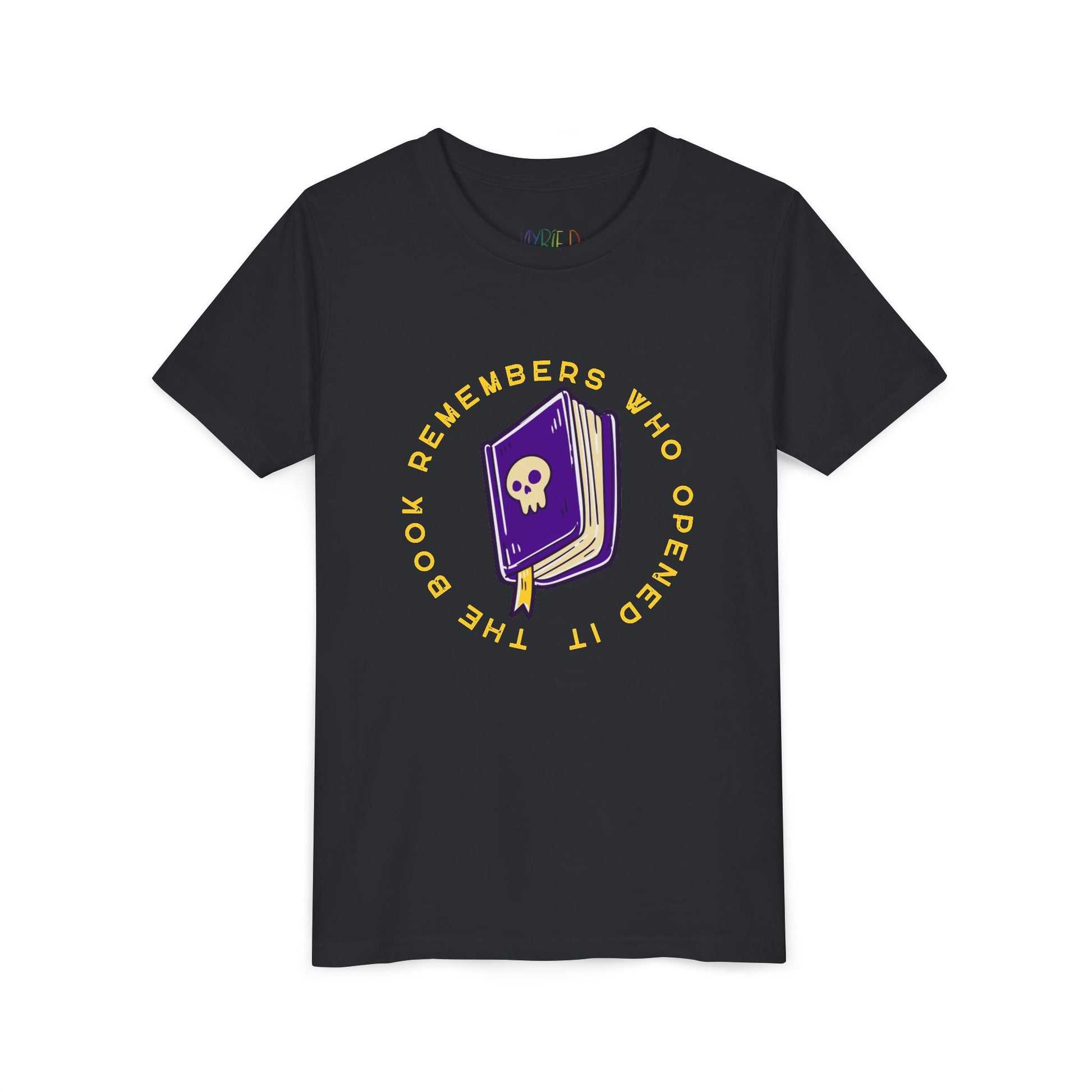 Black t-shirt with a purple book graphic, featuring a skull on the cover and surrounded by yellow text 'The Book Remembers Who Opened It'