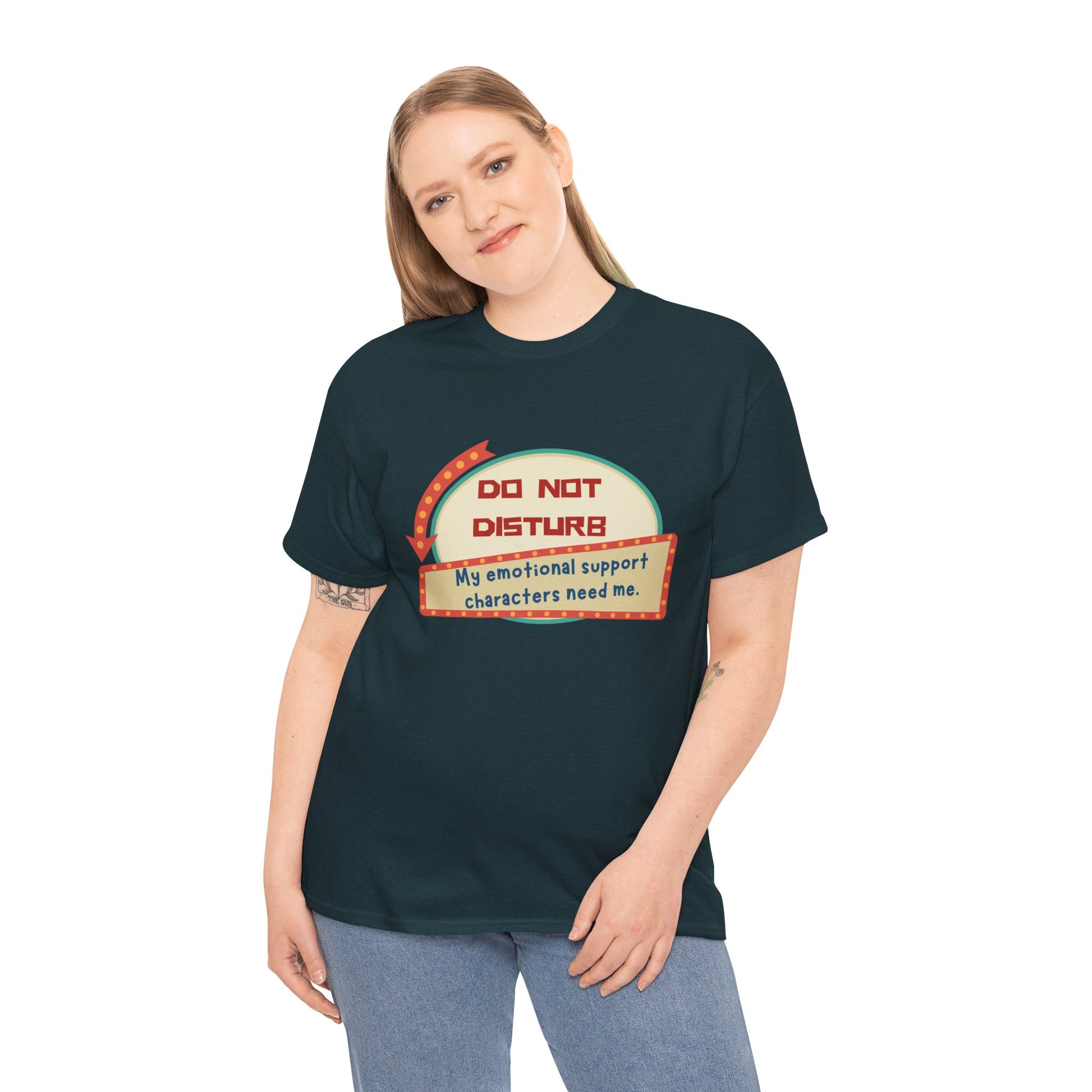 Woman wearing a dark t-shirt with a Do Not Disturb sign and text 'my emotional support characters need me'