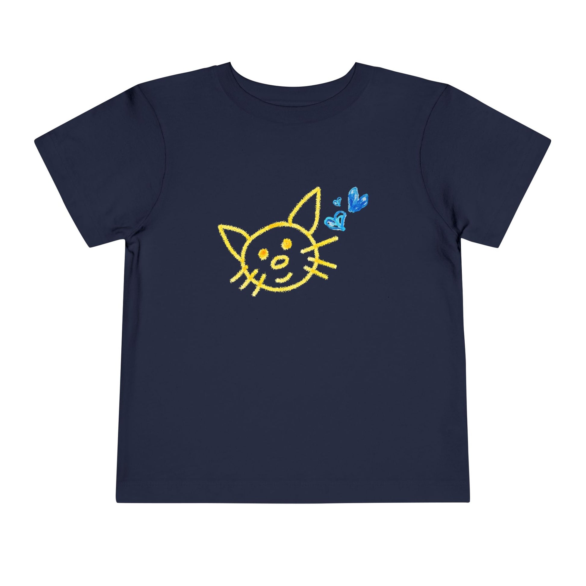 Navy blue toddler t-shirt with a yellow and blue crayon drawing of a cat and hearts with a white background