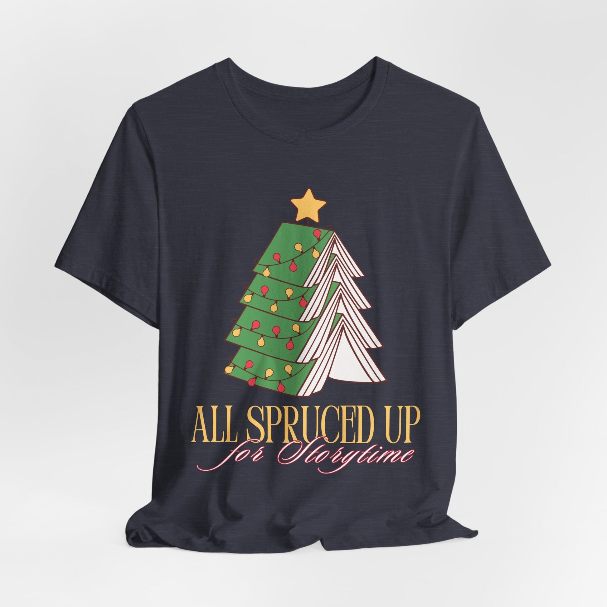 Teen/Adult Unisex All Spruced Up for Storytime T-Shirt â€“ Bookish Christmas Tree Design Printify