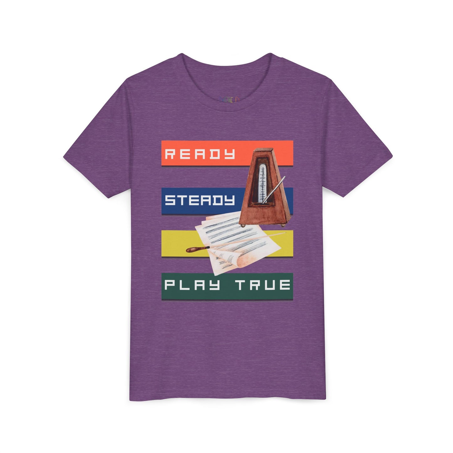 Purple t-shirt with colorful stripes, music sheets, a metronome and text 'Ready. Steady. Play True.'