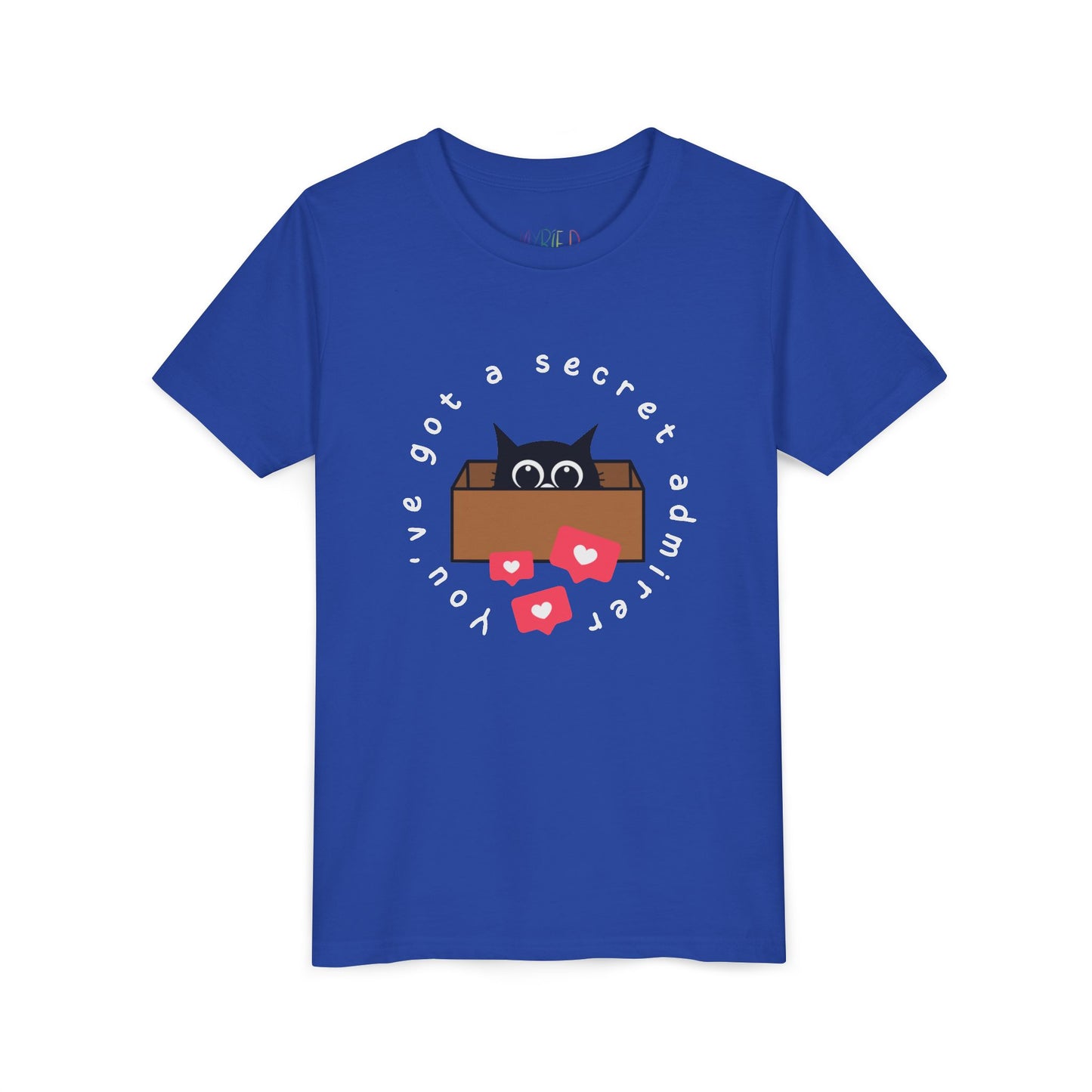 Blue t-shirt with a graphic of a cat peeking out of a box, heart social media bubbles and text 'You've Got A Secret Admirer' 