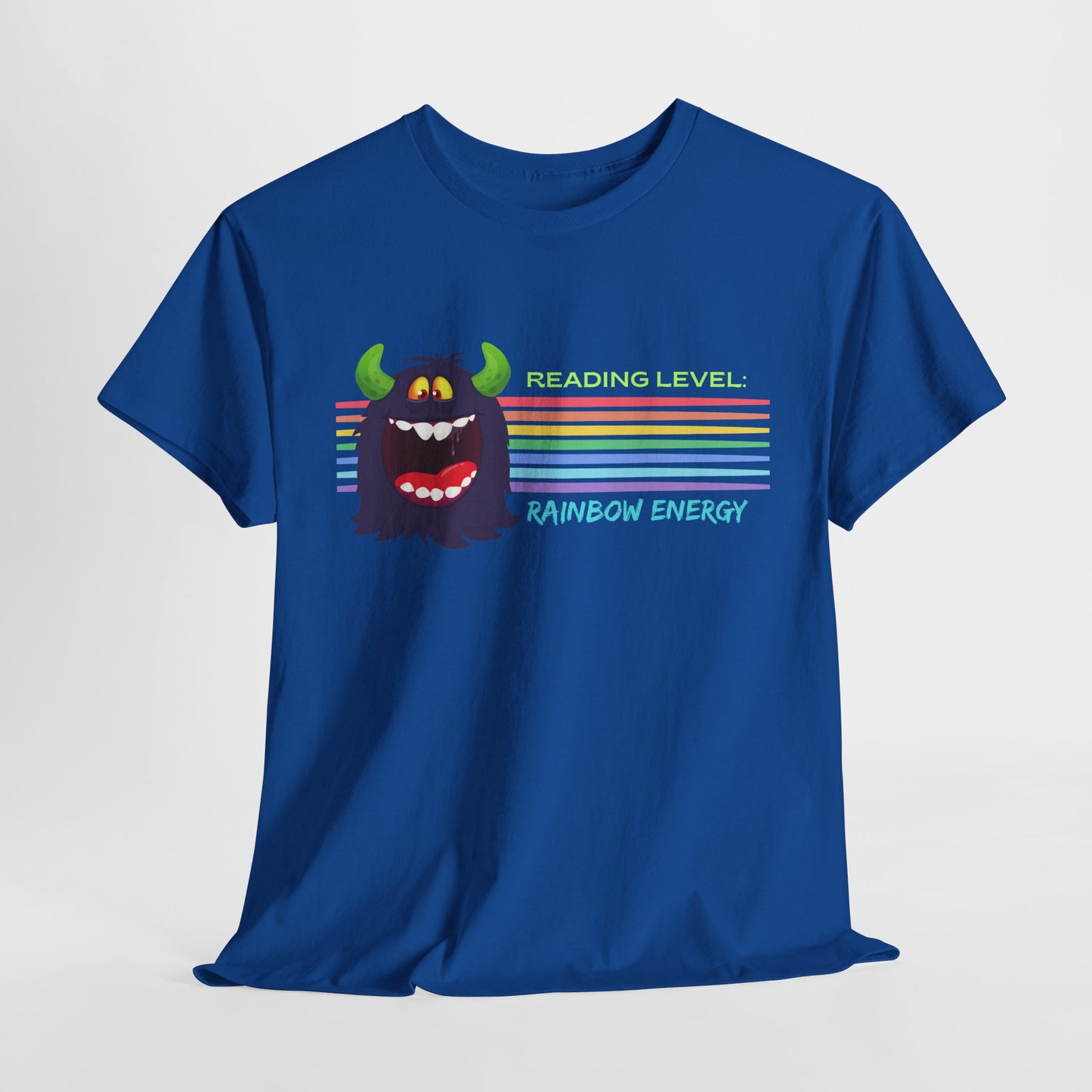 Teen/Adult Unisex “Rainbow Energy” Reading Shirt – Retro Monster Tee for Vibrant Book Lovers