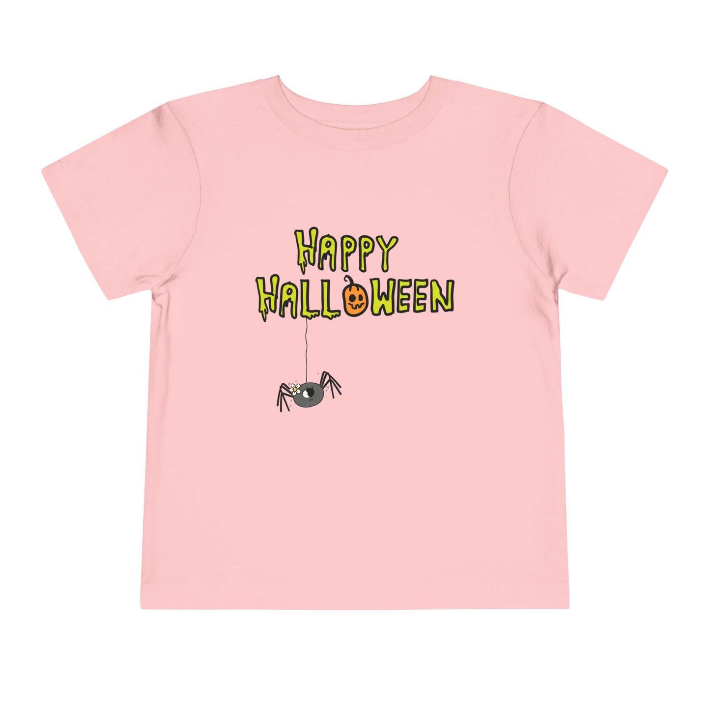 Pink t-shirt with creepy type text 'Happy Halloween' and a dangling spider 