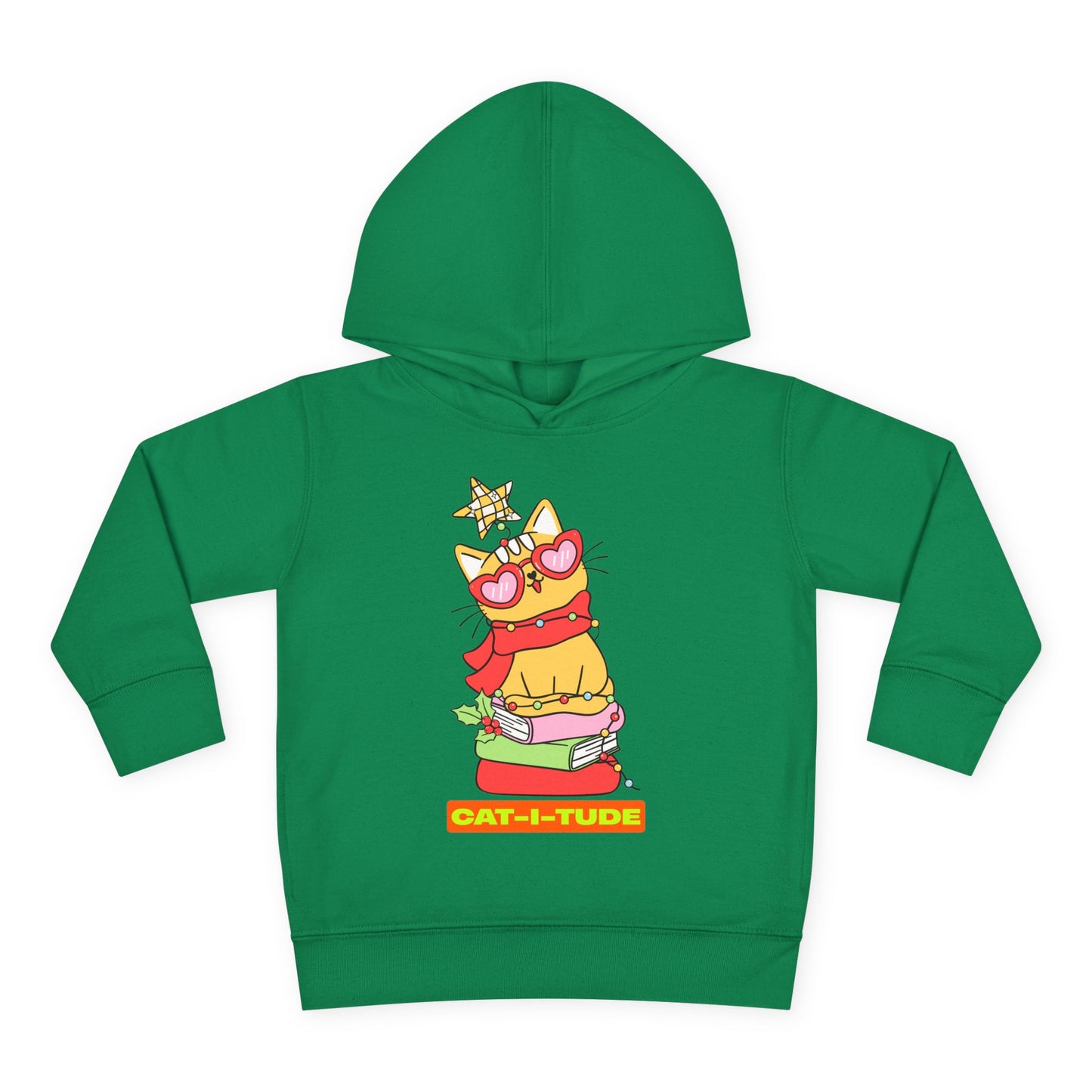 Green toddler hoodie with a cartoon cat wearing a scarf, heart shaped glasses, a Christmas star on it's head, perched on a stack of books and text 'CAT-I-TUDE'