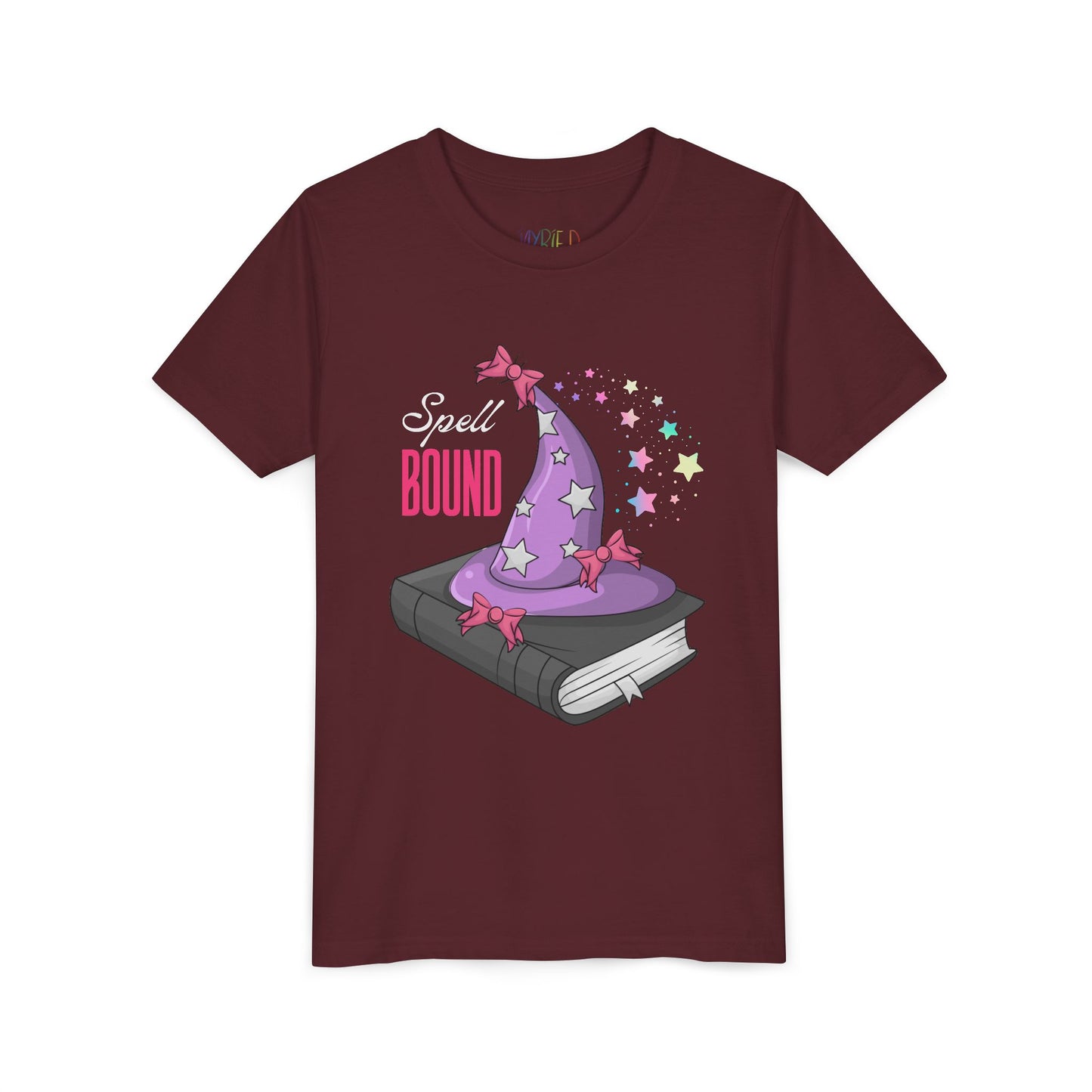 Maroon t-shirt with a sparkly purple witch hat on top of a book and text 'Spell Bound'  
