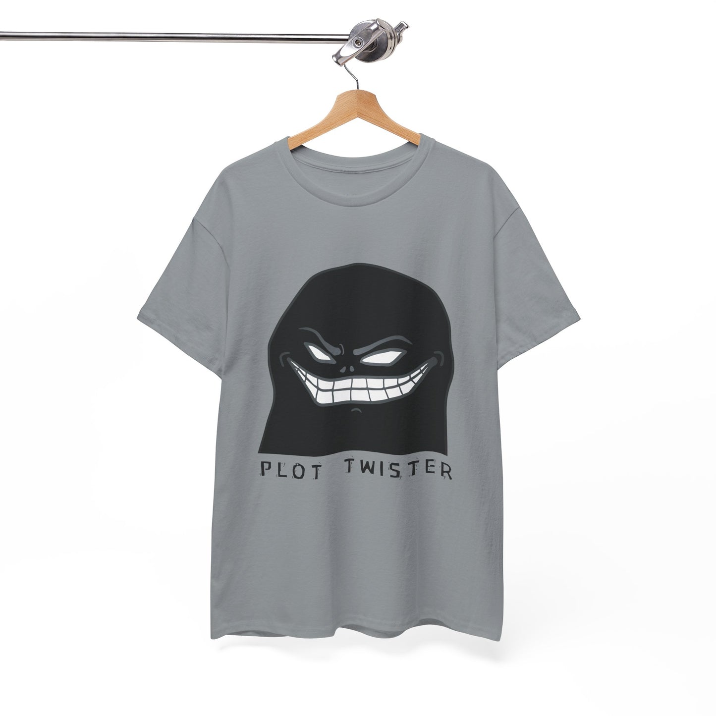 Gray t-shirt with a sinister character and text 'Plot Twister' on a hanger against a white background