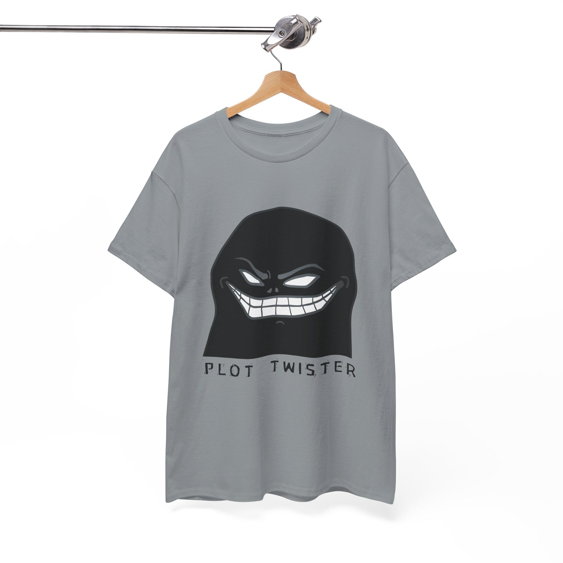Gray t-shirt with a sinister character and text 'Plot Twister' on a hanger against a white background