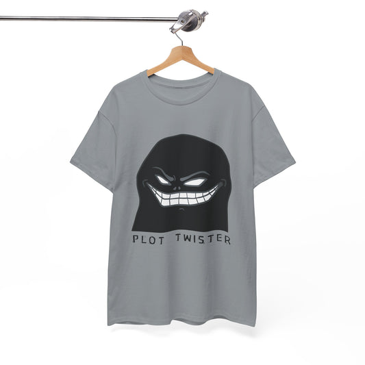Gray t-shirt with a sinister character and text 'Plot Twister' on a hanger against a white background
