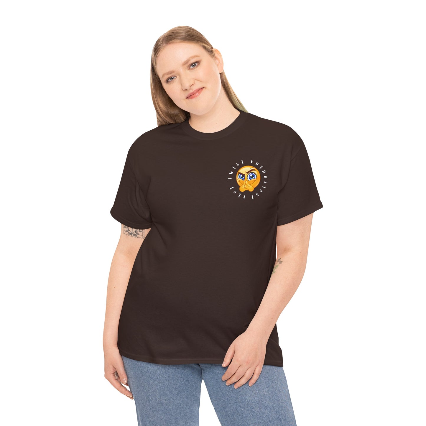 Woman wearing a brown t-shirt with a small emoji circled by text 'Plot Twist Enthusiast' 