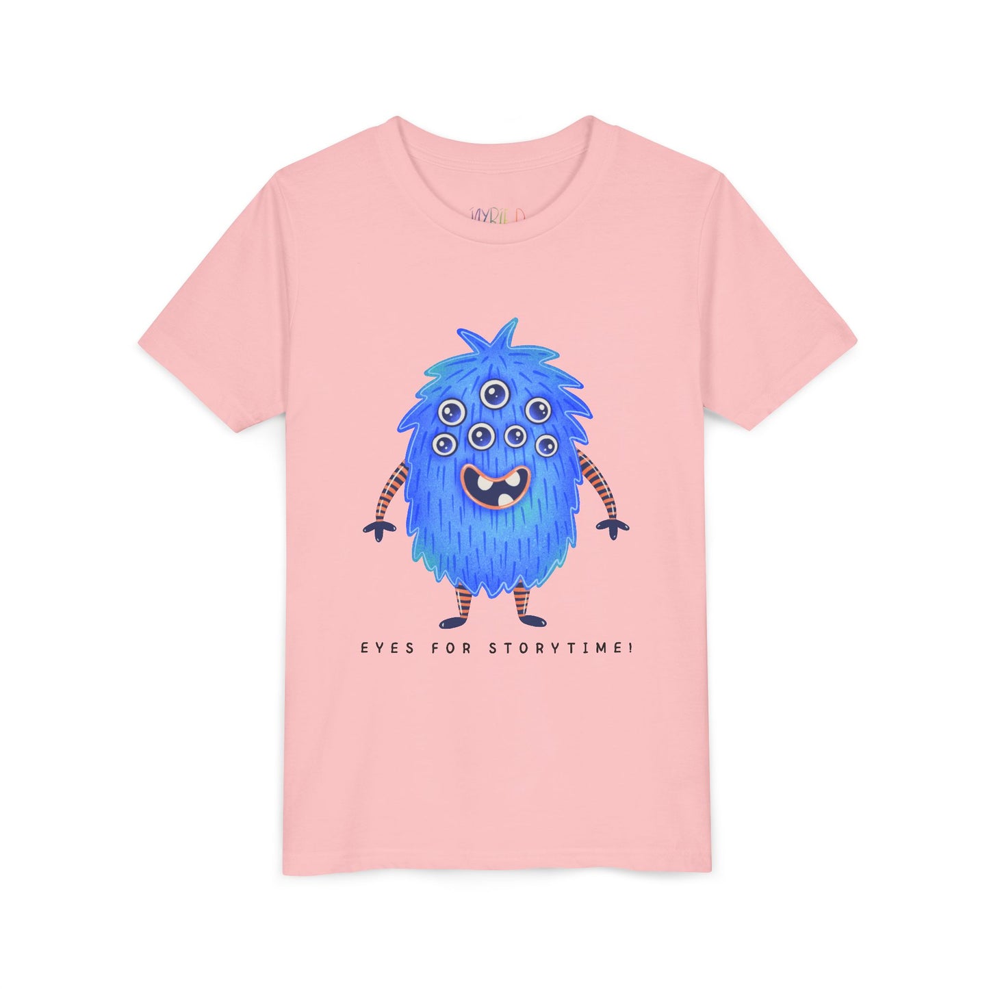 Pink t-shirt with a multi-eyed blue monster graphic and text 'Eyes For Storytime'