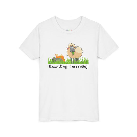 White t-shirt with a sheep graphic reading a book and text 'Baaa-ck off, I'm reading!'