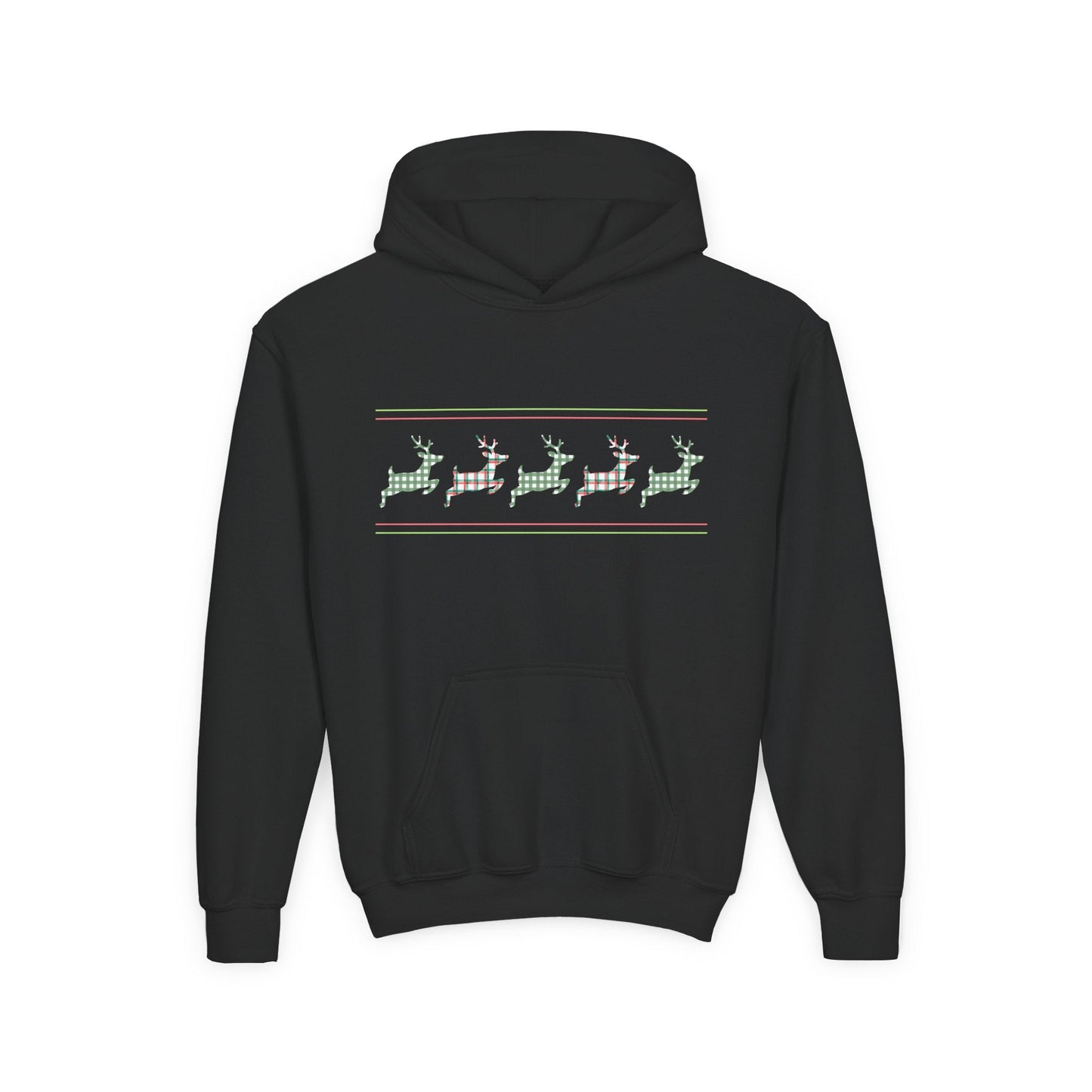 Youth Plaid Reindeer Parade Hoodie â€“ Classic Holiday Pattern Printify