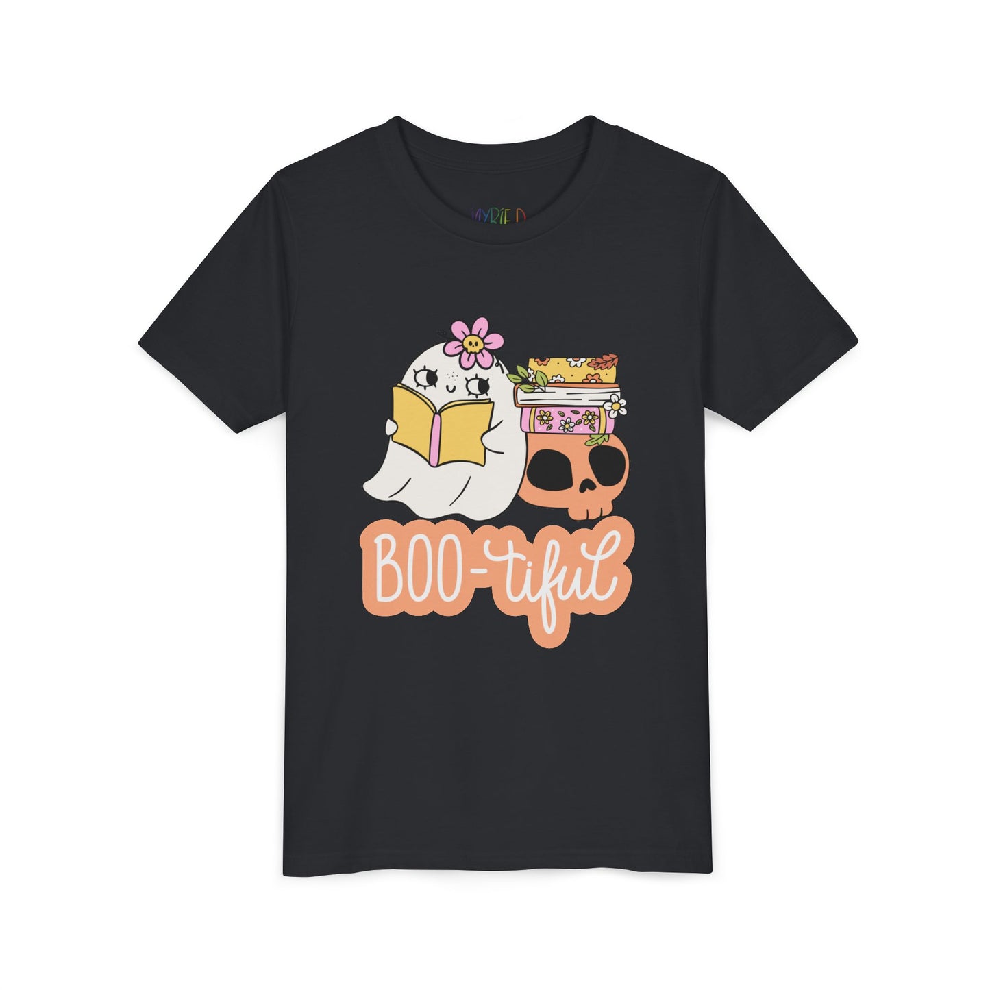 Black t-shirt with cartoon ghost leaning on a skull and stack of books while reading and text 'BOO-tiful'