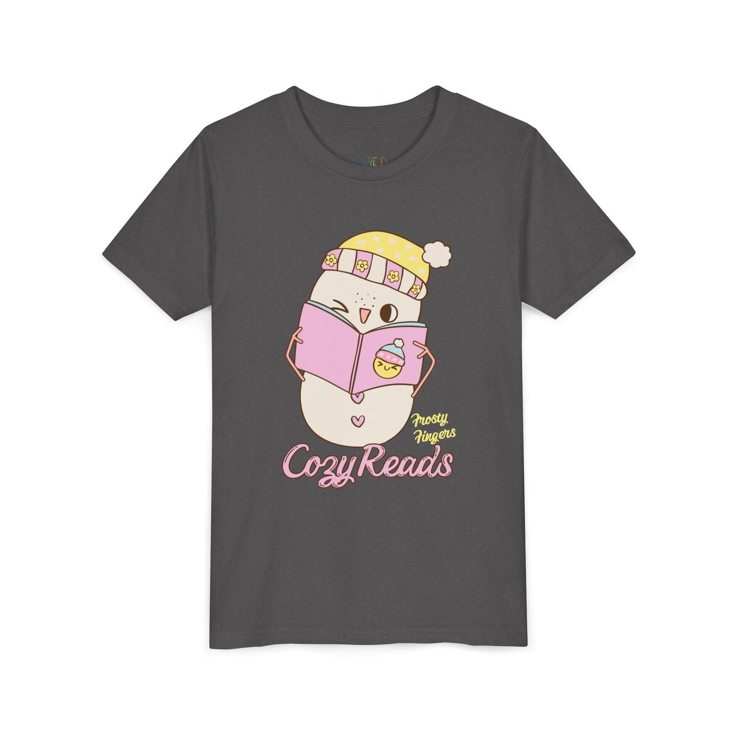 Youth Cozy Reads T-Shirt â€“ Cute Winter Snowman Design Printify