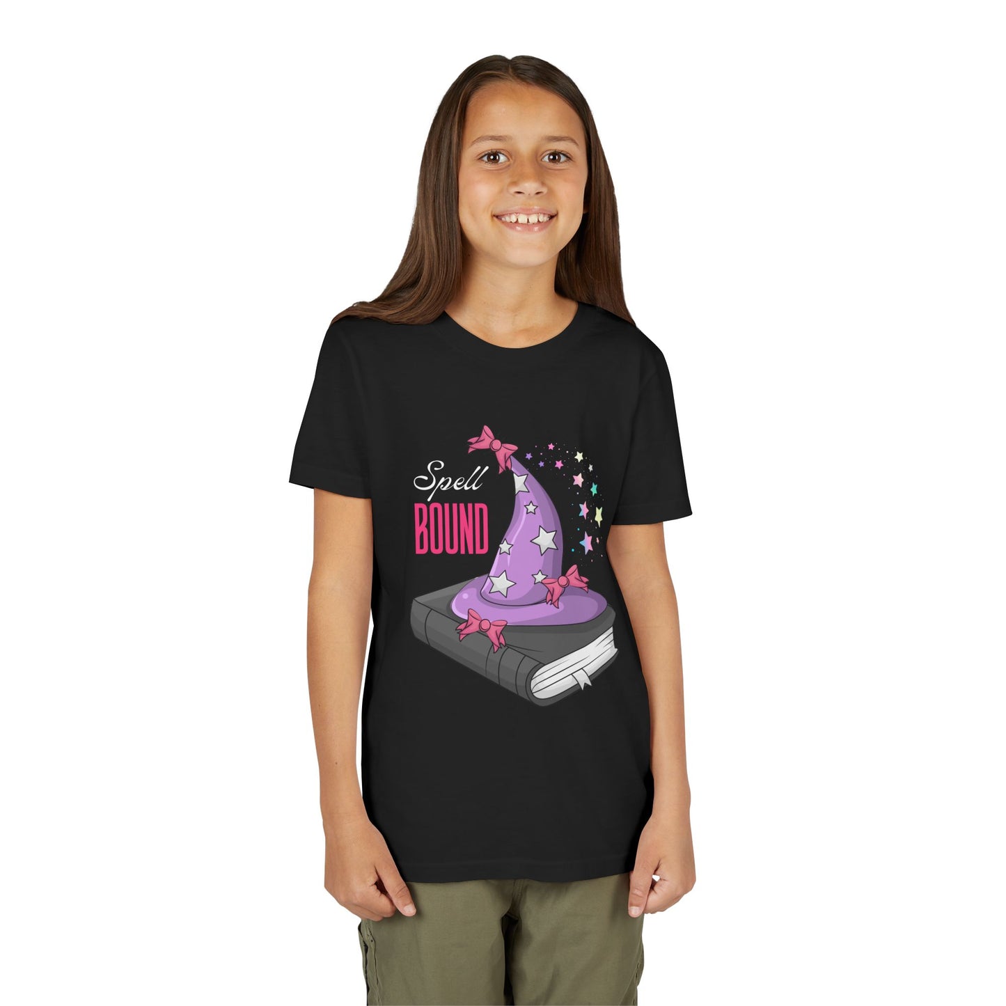 Girl wearing a black t-shirt with a sparkly purple witch hat on top of a book and text 'Spell Bound'  