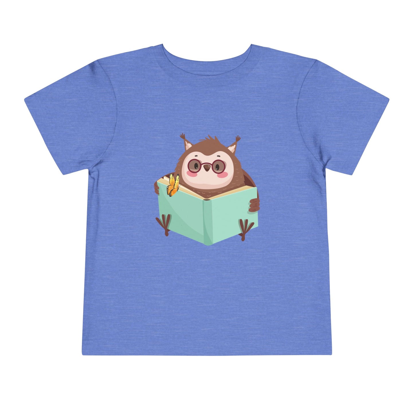 Blue toddler t-shirt with a cartoon own reading a book with a butterfly perched on top