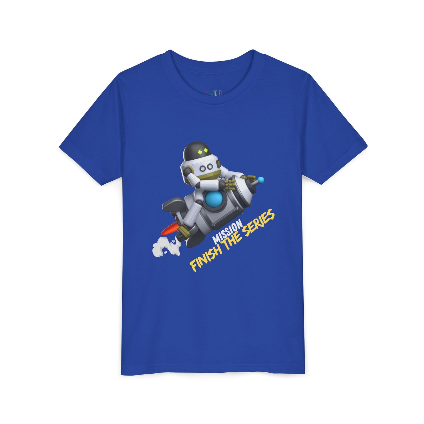Blue t-shirt with a robot riding a rocket and text 'Mission Finish The Series'