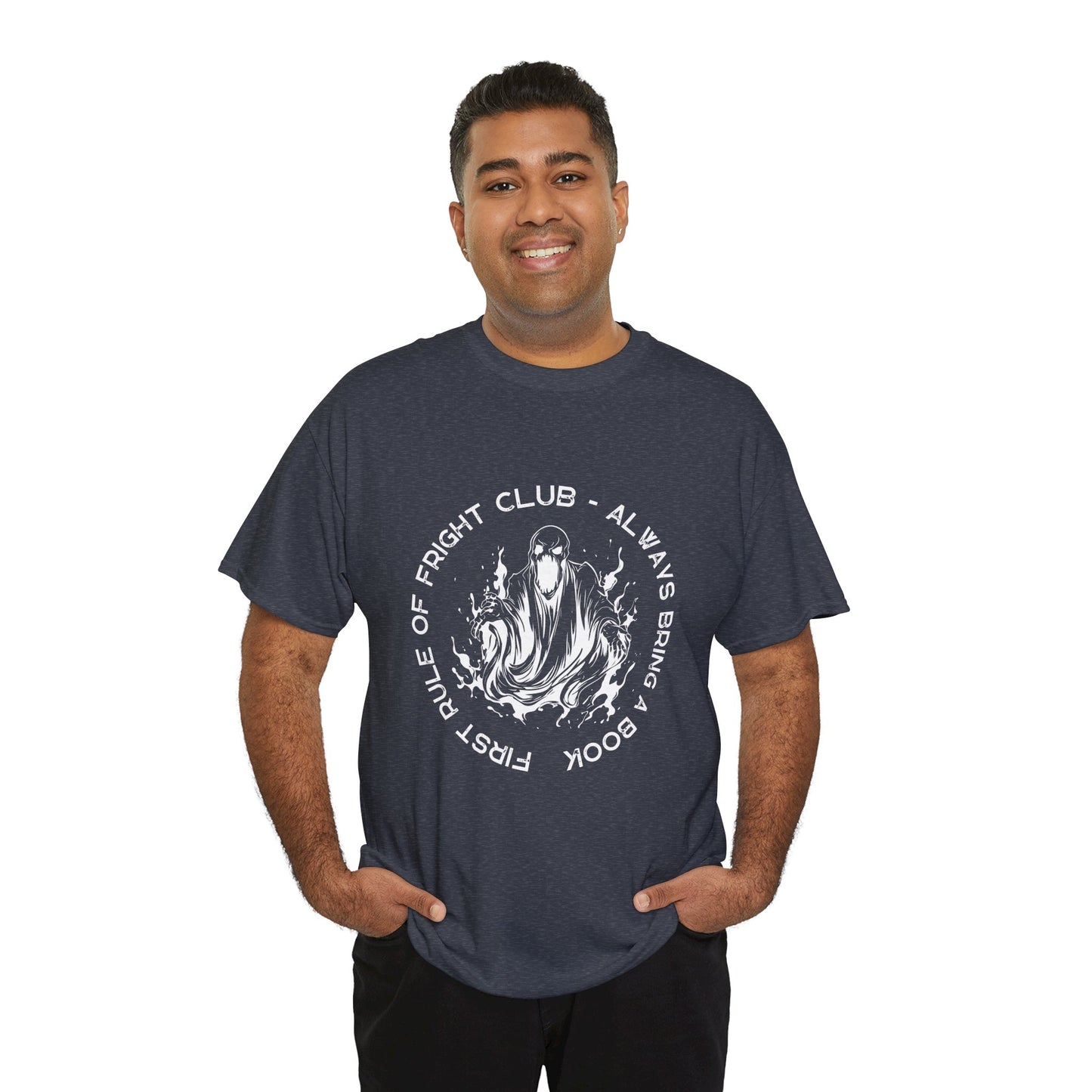 Man wearing a heather navy t-shirt with a white screaming ghoul and white circular text 'First Rule of Fright Club - Always Bring a Book'