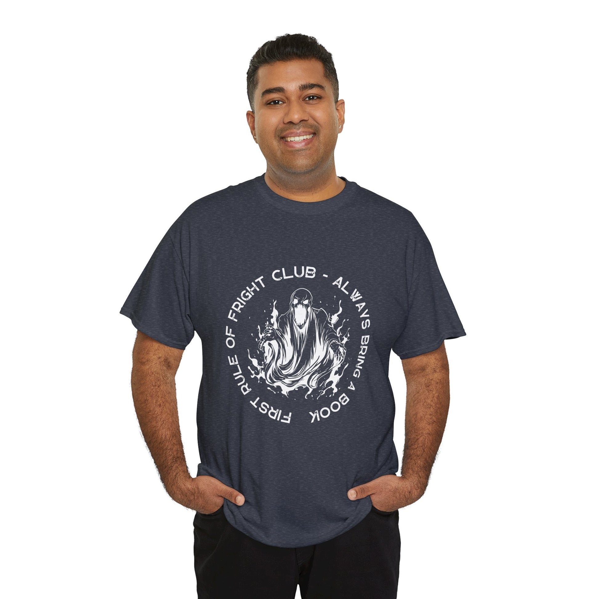Man wearing a heather navy t-shirt with a white screaming ghoul and white circular text 'First Rule of Fright Club - Always Bring a Book'