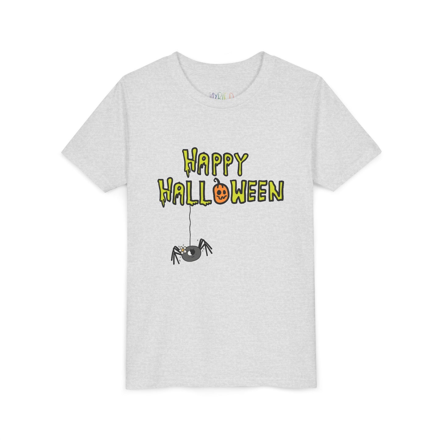 Light gray t-shirt with creepy 'Happy Halloween' text and dangling spider