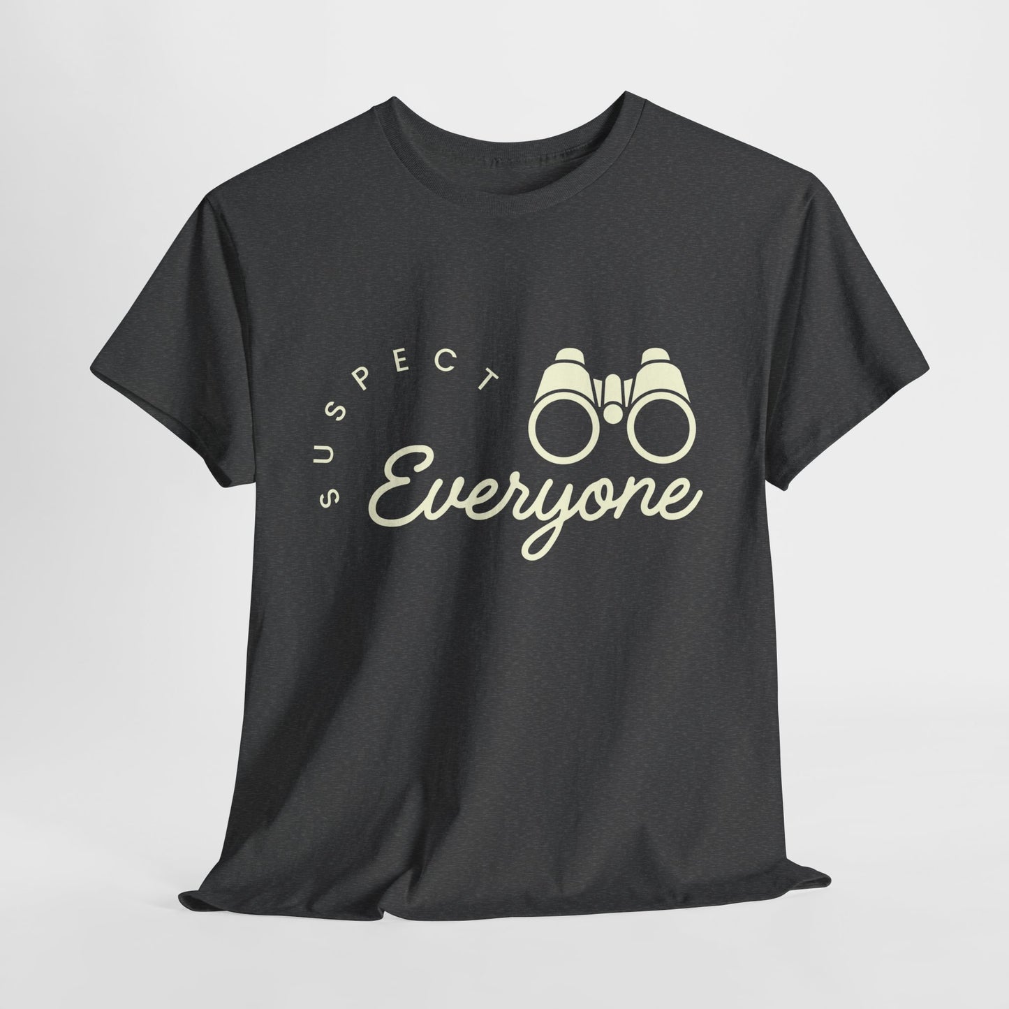 Black t-shirt with 'Suspect Everyone' text and binoculars graphic on a white background