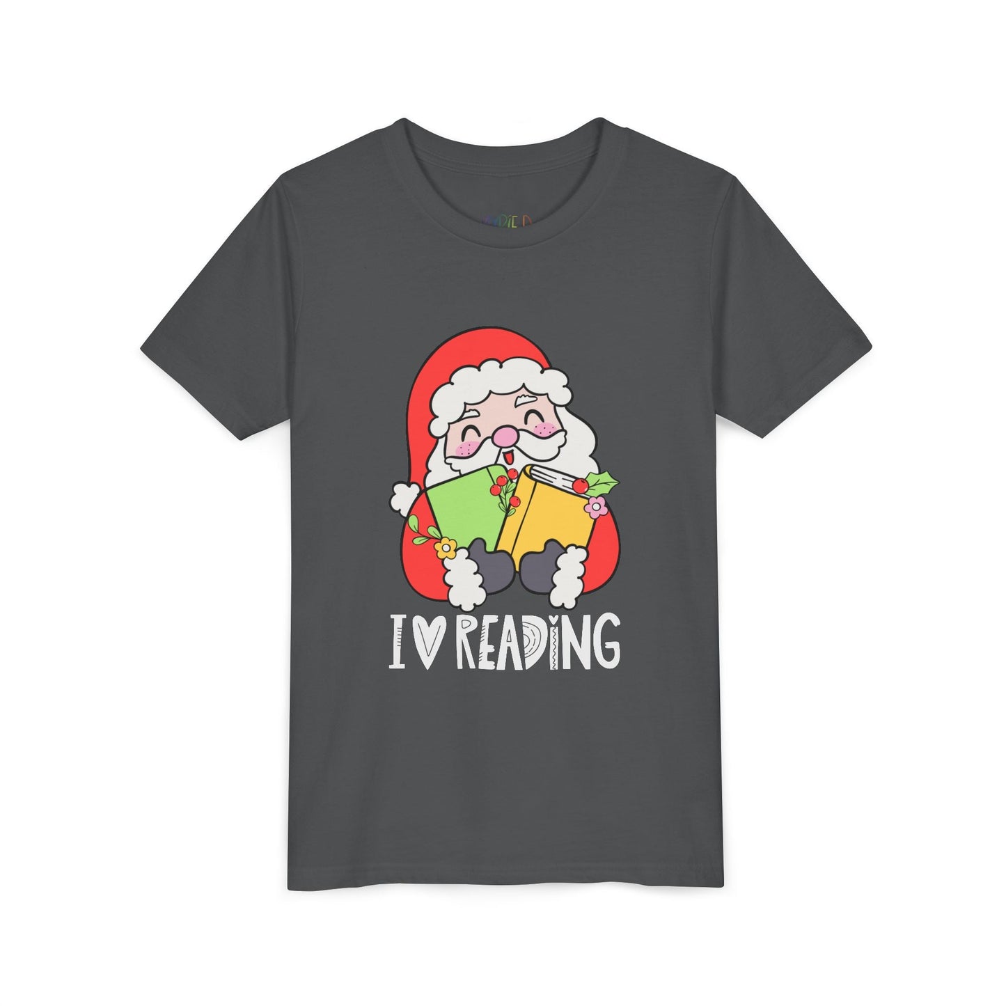 Youth I Love Reading T-Shirt â€“ Cute Santa Design Printify