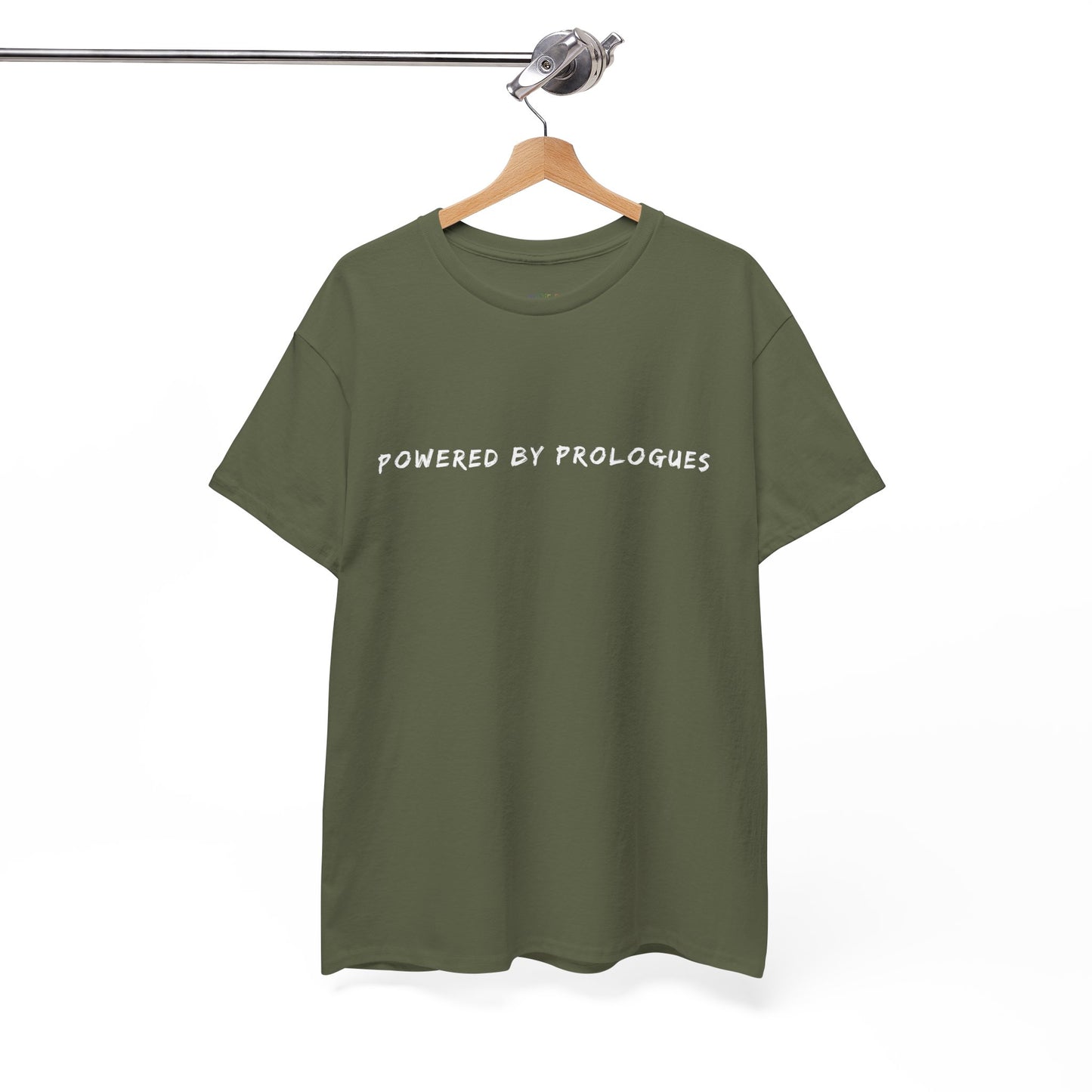Green t-shirt with 'POWERED BY PROLOGUES' text 