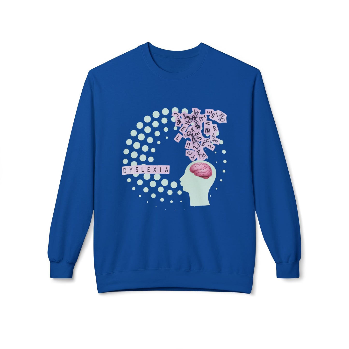 Blue sweatshirt with swirling letters dyslexia graphic design 