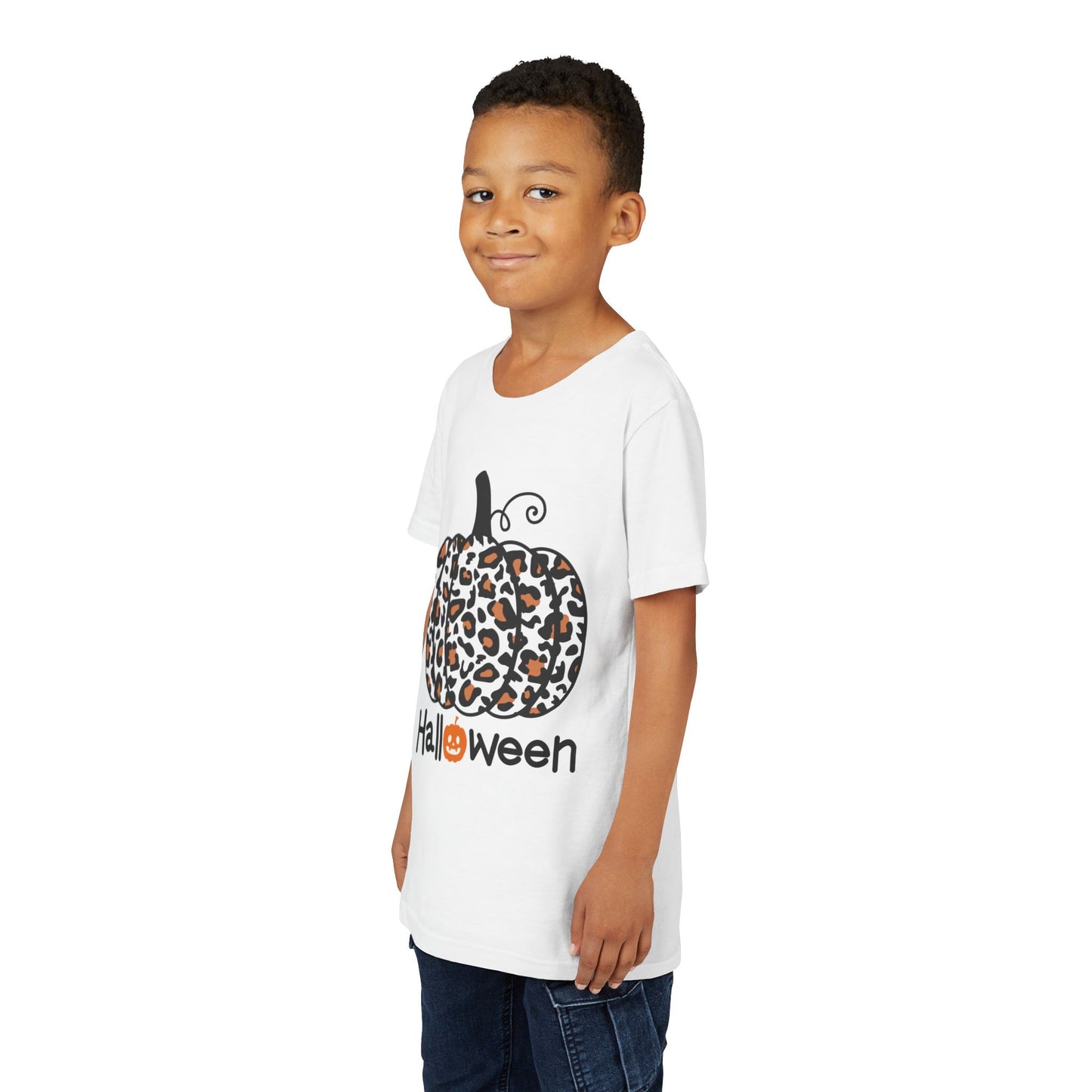 Boy wearing a white t-shirt with a leopard print pumpkin and 'Halloween' text
