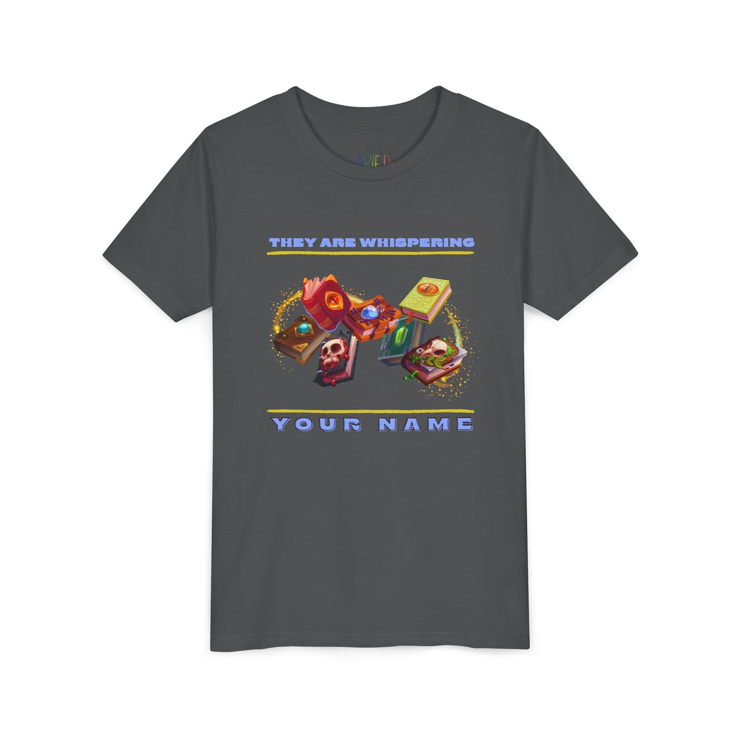 Gray t-shirt with colorful swirling enchanted book and text 'They Are Whispering Your Name'