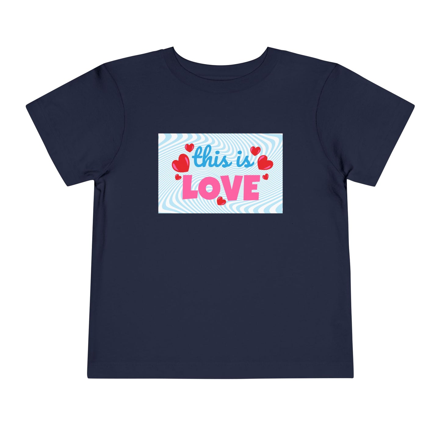 Navy blue t-shirt with 'this is LOVE' text and heart graphics on a swirling blue background