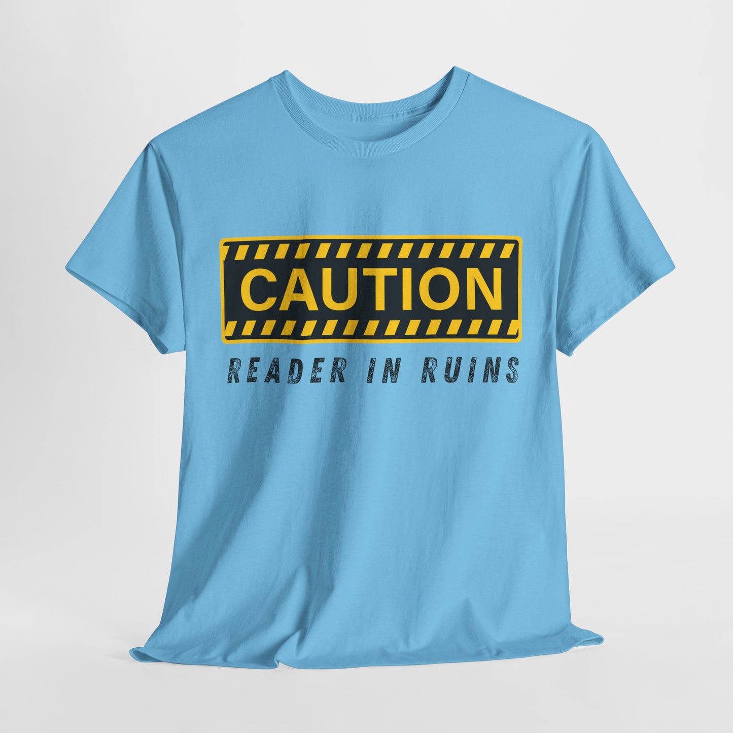 Teen/Adult Unisex Tee – CAUTION: Reader in Ruins (Yellow Caution)