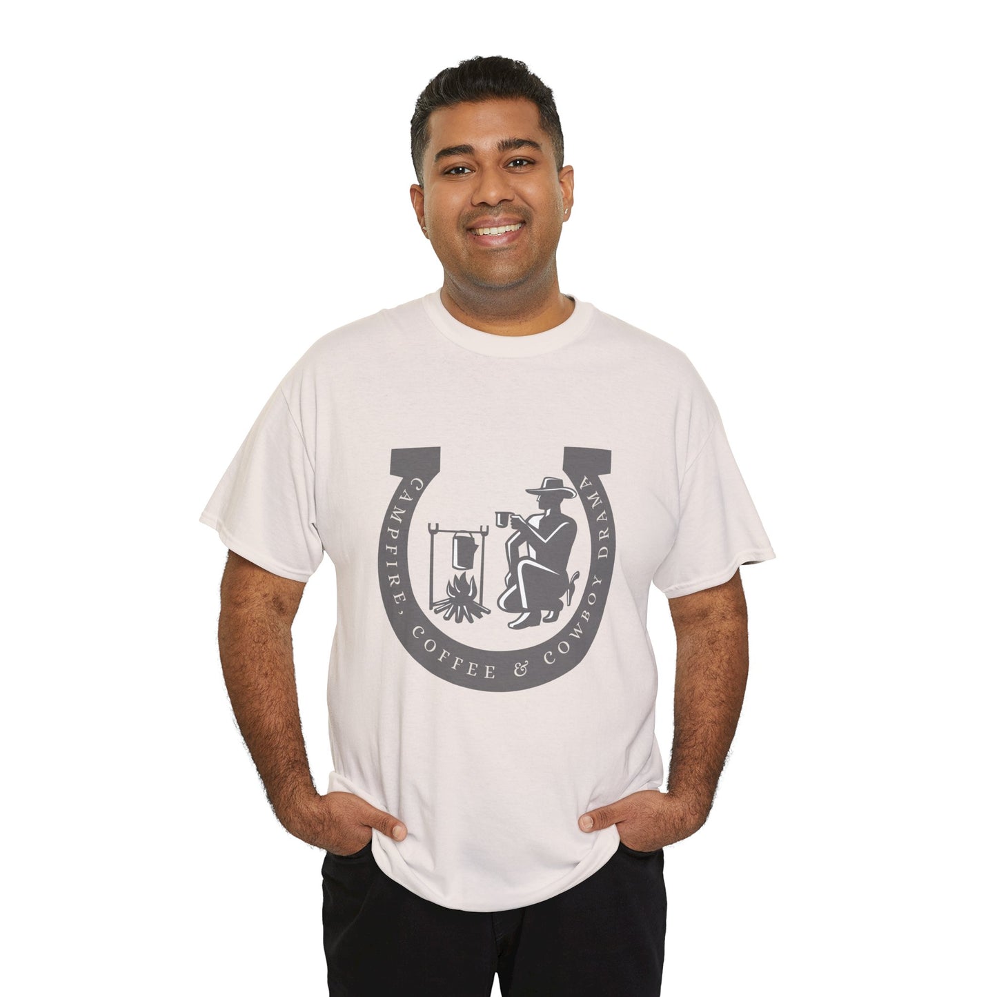 Man wearing an ice gray t-shirt with a large gray horseshoe graphic around a cowboy campfire and text 'Campfire, Coffee & Cowboy Drama'