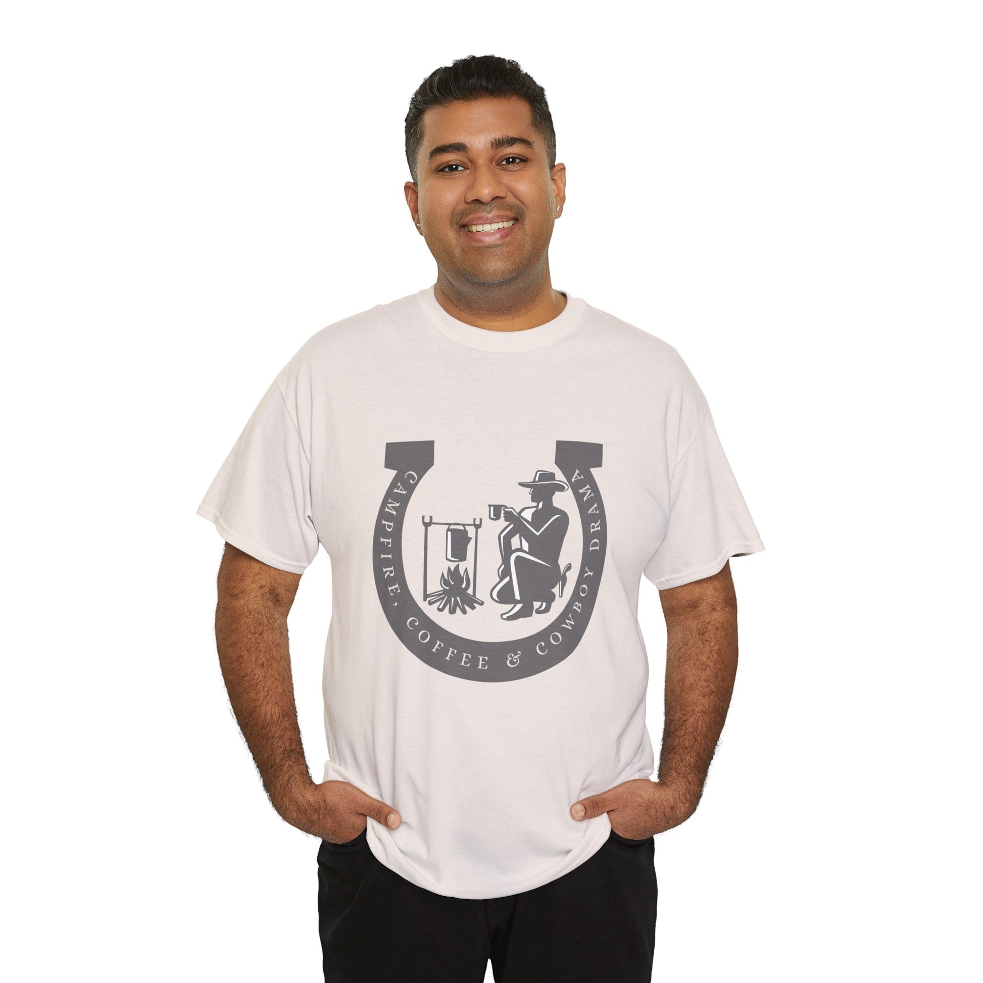 Man wearing an ice gray t-shirt with a large gray horseshoe graphic around a cowboy campfire and text 'Campfire, Coffee & Cowboy Drama'