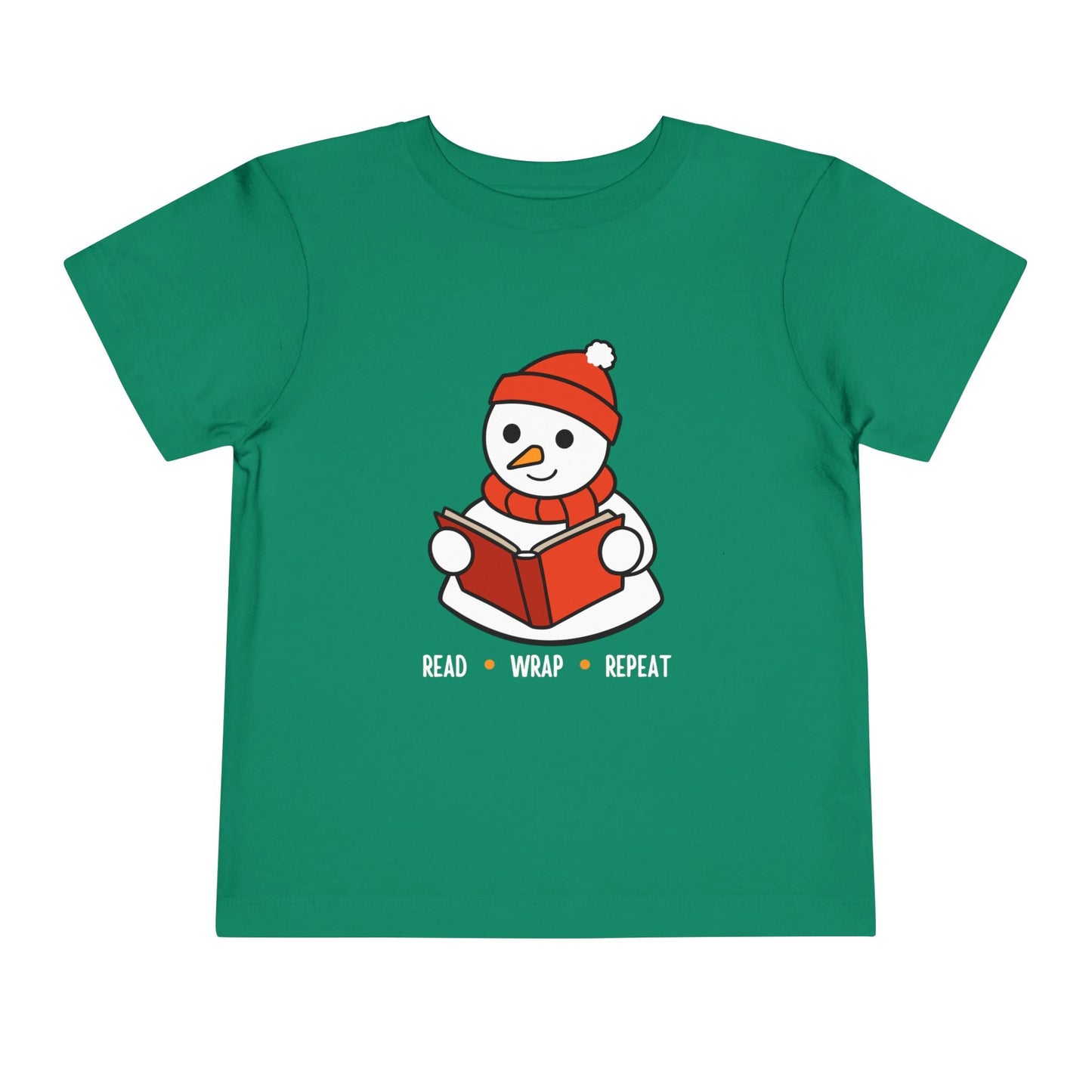 Green toddler t-shirt with a snowman reading a book design, and text 'Read, Wrap, Repeat' on a white background