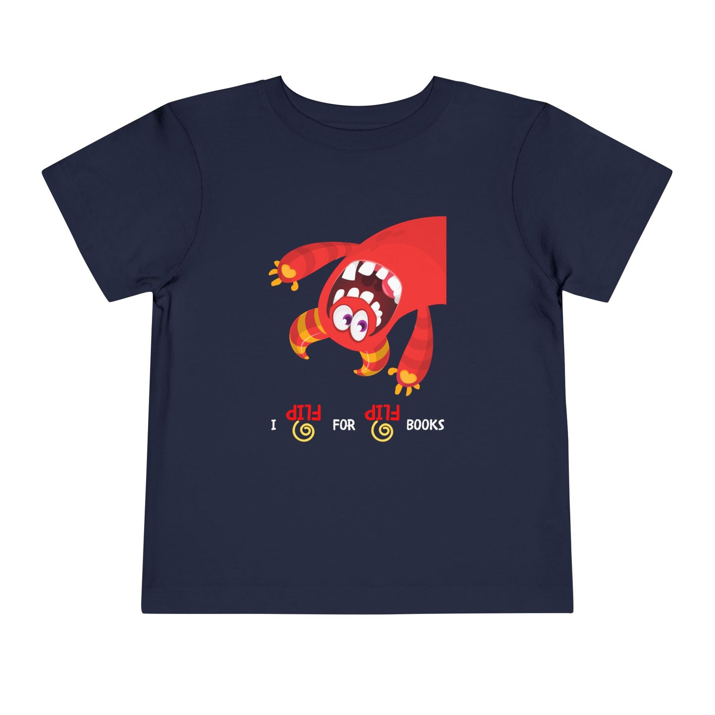 Navy toddler t-shirt with an upside down red and orange monster, and playful text 'I FLIP for FLIP Books' 