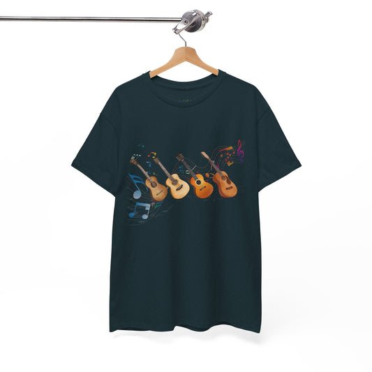 Dark (midnight) t-shirt with guitar design and colorful music notes