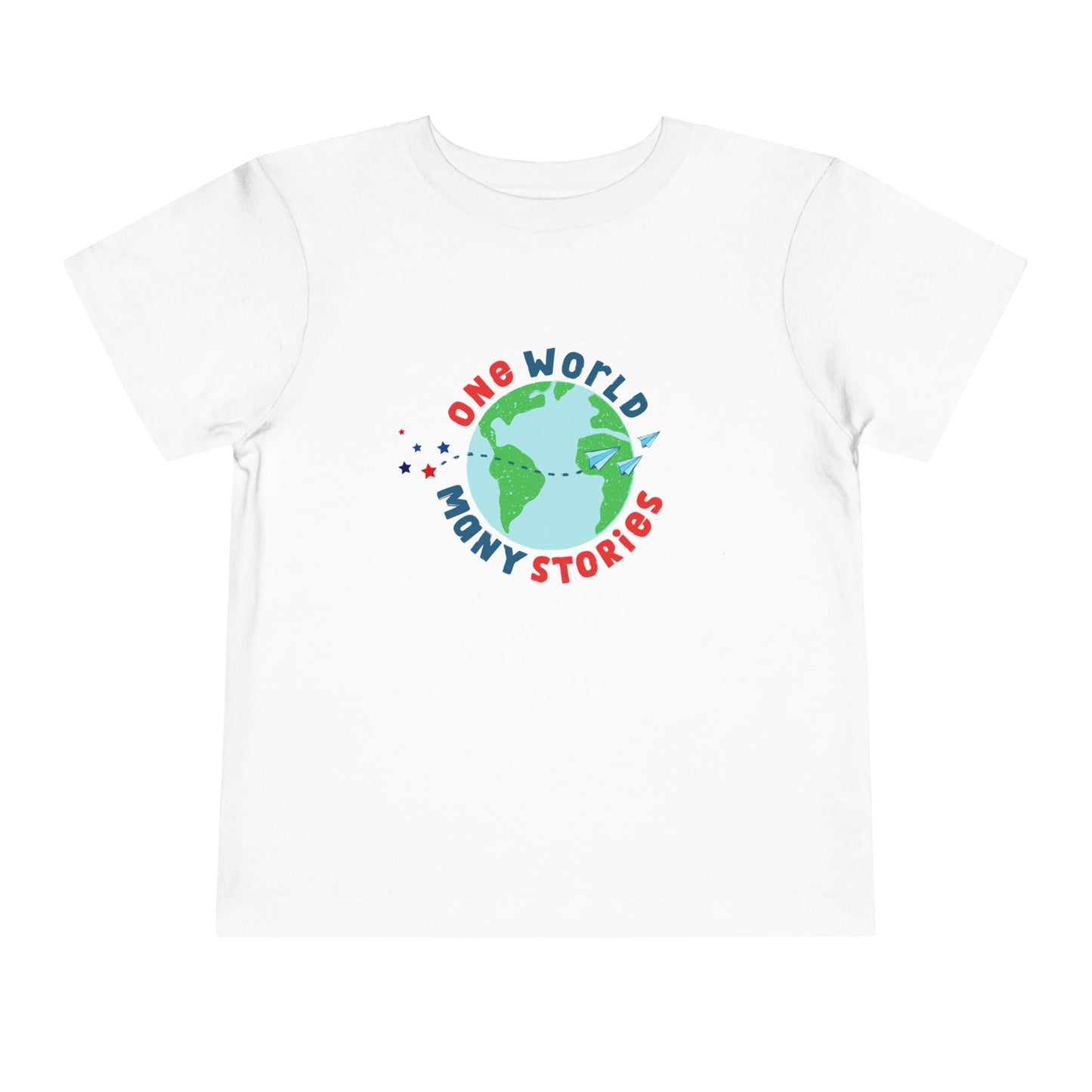 White t-shirt with a graphic of the Earth and 'One World, Many Stories' text 