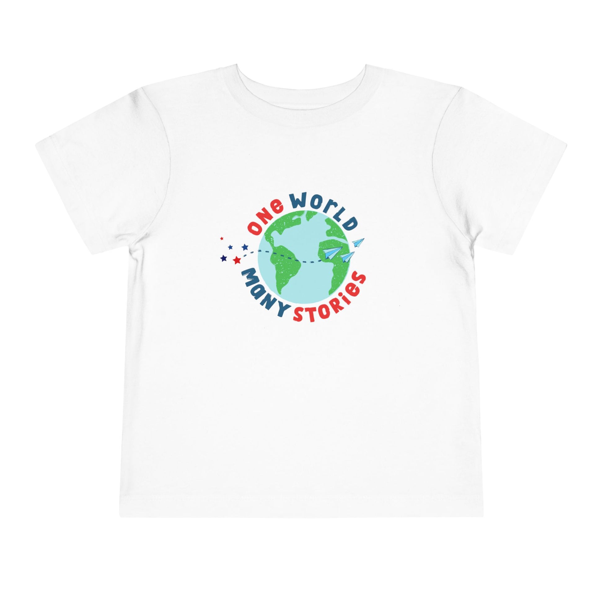 White t-shirt with a graphic of the Earth and 'One World, Many Stories' text 