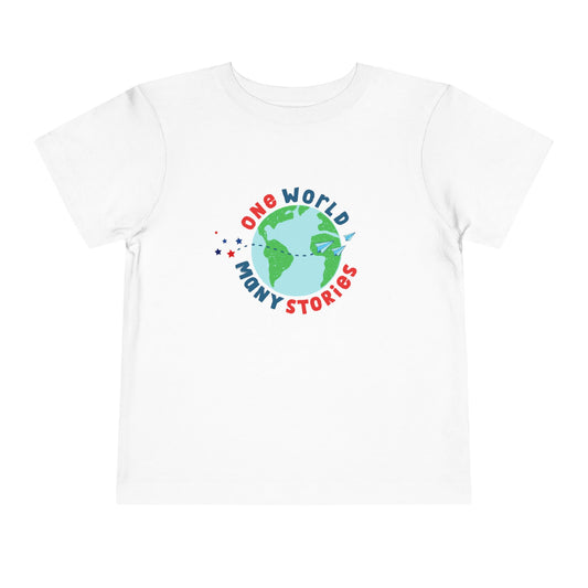 White t-shirt with a graphic of the Earth and 'One World, Many Stories' text 